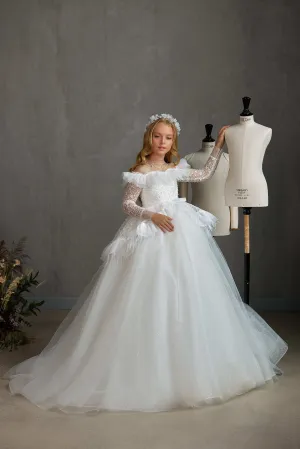 BOSTON – STRIKING OFF-THE-SHOULDER COMMUNION DRESS WITH RUFFLED FEATHER PEPLUM