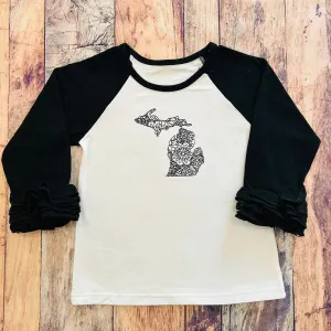 Boutique Ruffle Girl Top Size 3 B&W Black White Michigan Embroidered