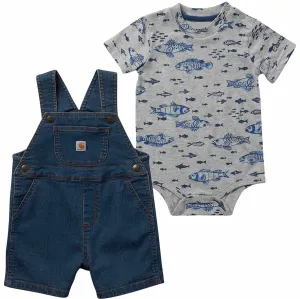 Boys' Short-Sleeve Fish Print Bodysuit & Denim Shortall Set