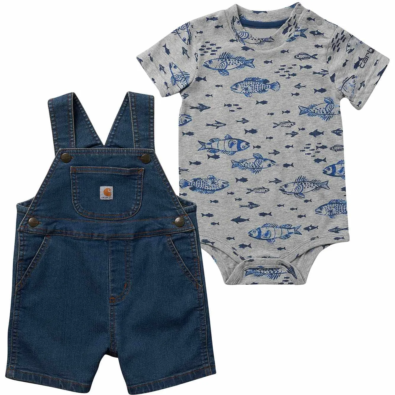 Boys' Short-Sleeve Fish Print Bodysuit & Denim Shortall Set