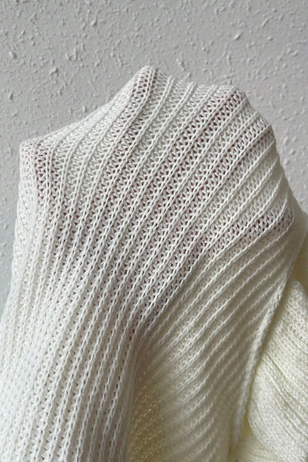 Bright White Cable Knit Ruffled Short Sleeve Turtle Neck Sweater