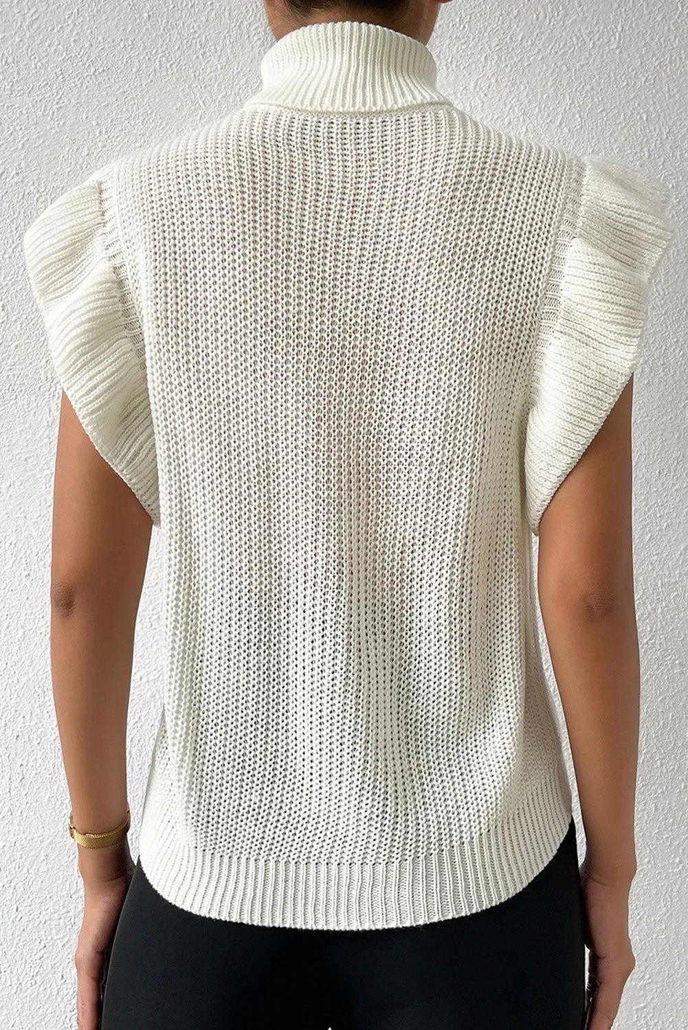 Bright White Cable Knit Ruffled Short Sleeve Turtle Neck Sweater