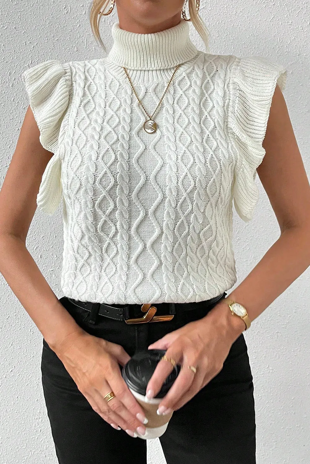 Bright White Cable Knit Ruffled Short Sleeve Turtle Neck Sweater