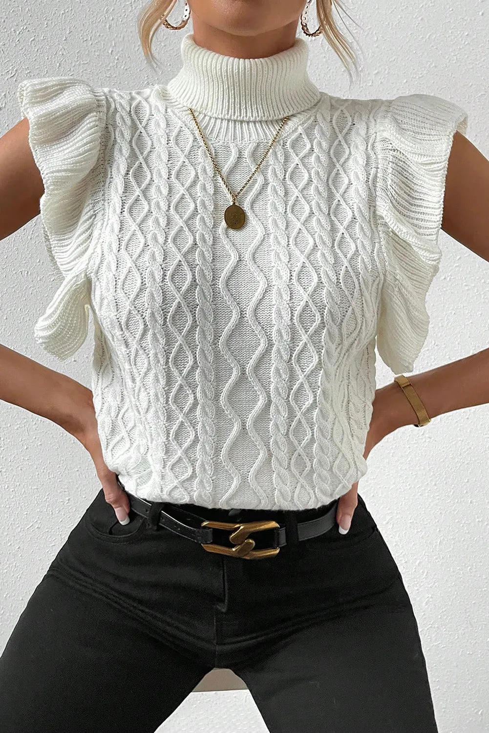 Bright White Cable Knit Ruffled Short Sleeve Turtle Neck Sweater