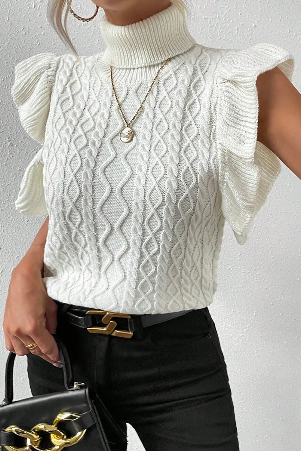 Bright White Cable Knit Ruffled Short Sleeve Turtle Neck Sweater