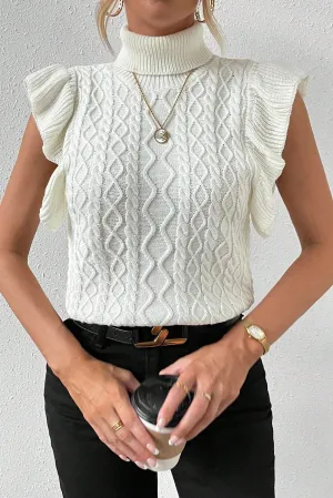Bright White Cable Knit Ruffled Short Sleeve Turtle Neck Sweater