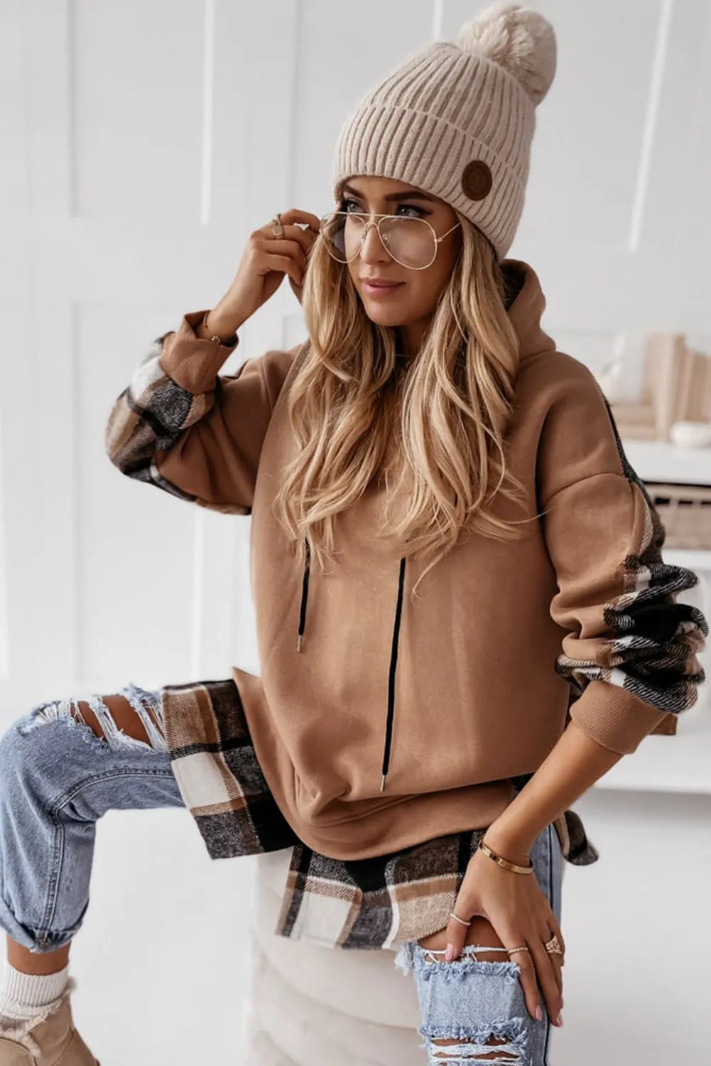 Brown Checkered Patch Drawstring Split Hoodie