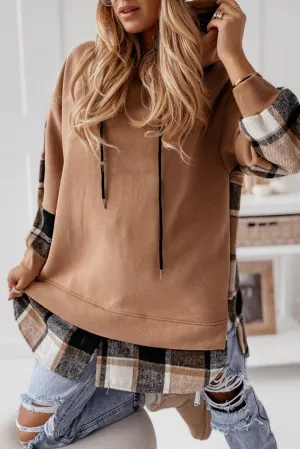 Brown Checkered Patch Drawstring Split Hoodie
