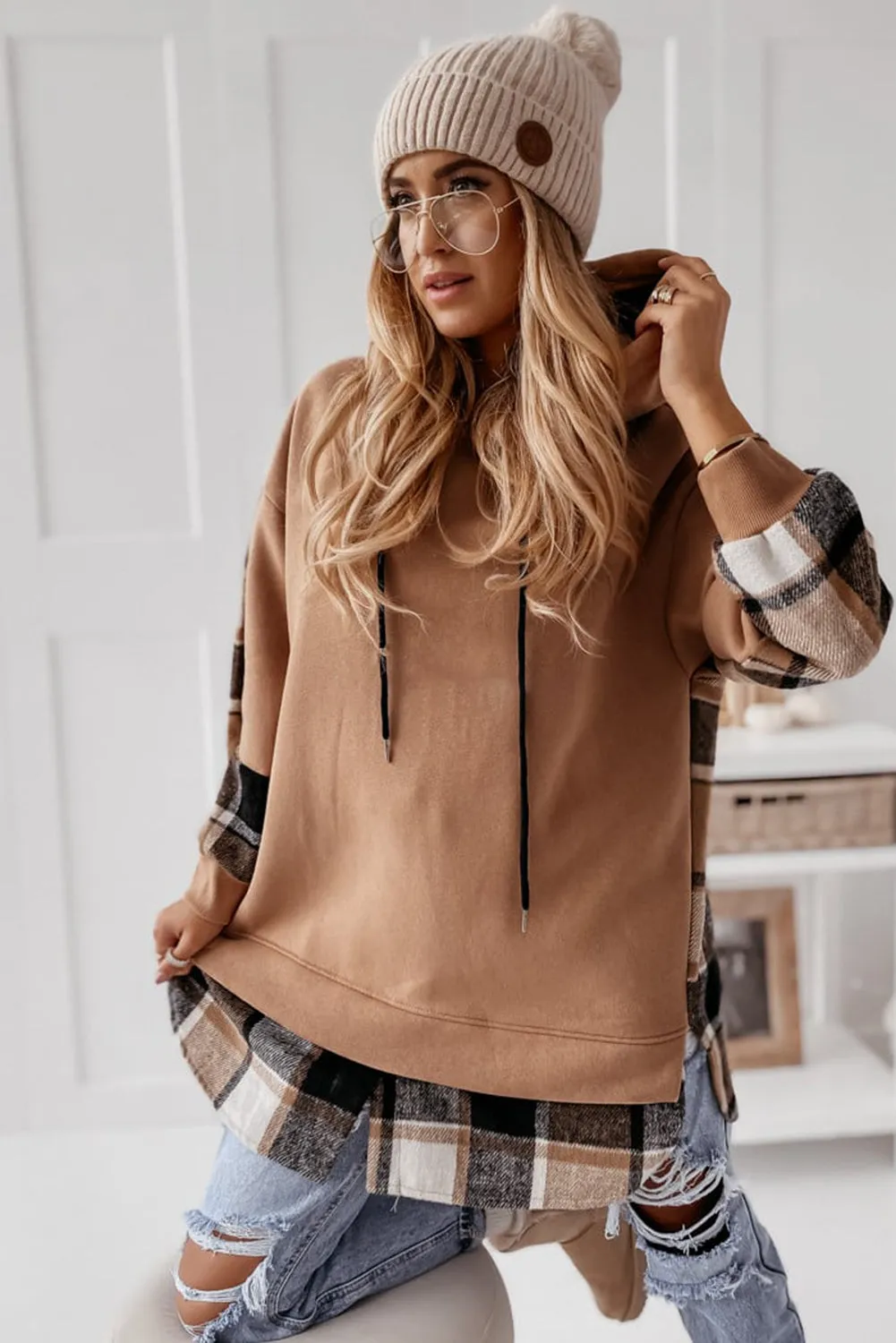 Brown Checkered Patch Drawstring Split Hoodie
