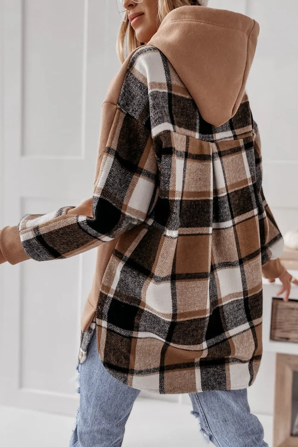 Brown Checkered Patch Drawstring Split Hoodie