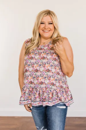Budding Beauty Floral Ruffle Tank Top- Coral Multi-Color