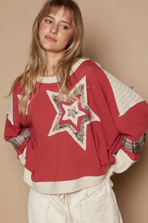 Burgundy Star Patch Mom Crop Long Sleeve
