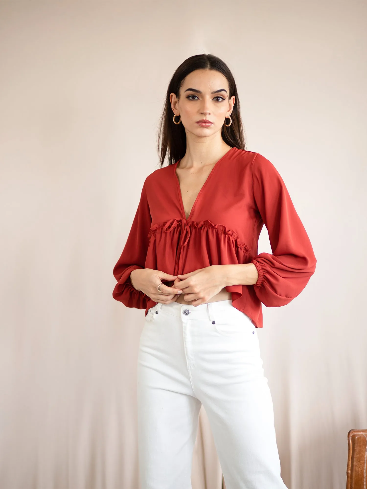Bustier Detail Front Tie-Up Balloon Sleeve Top