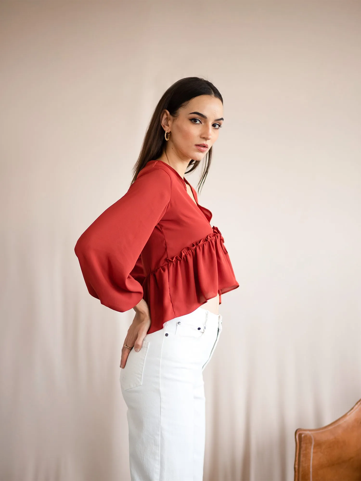 Bustier Detail Front Tie-Up Balloon Sleeve Top