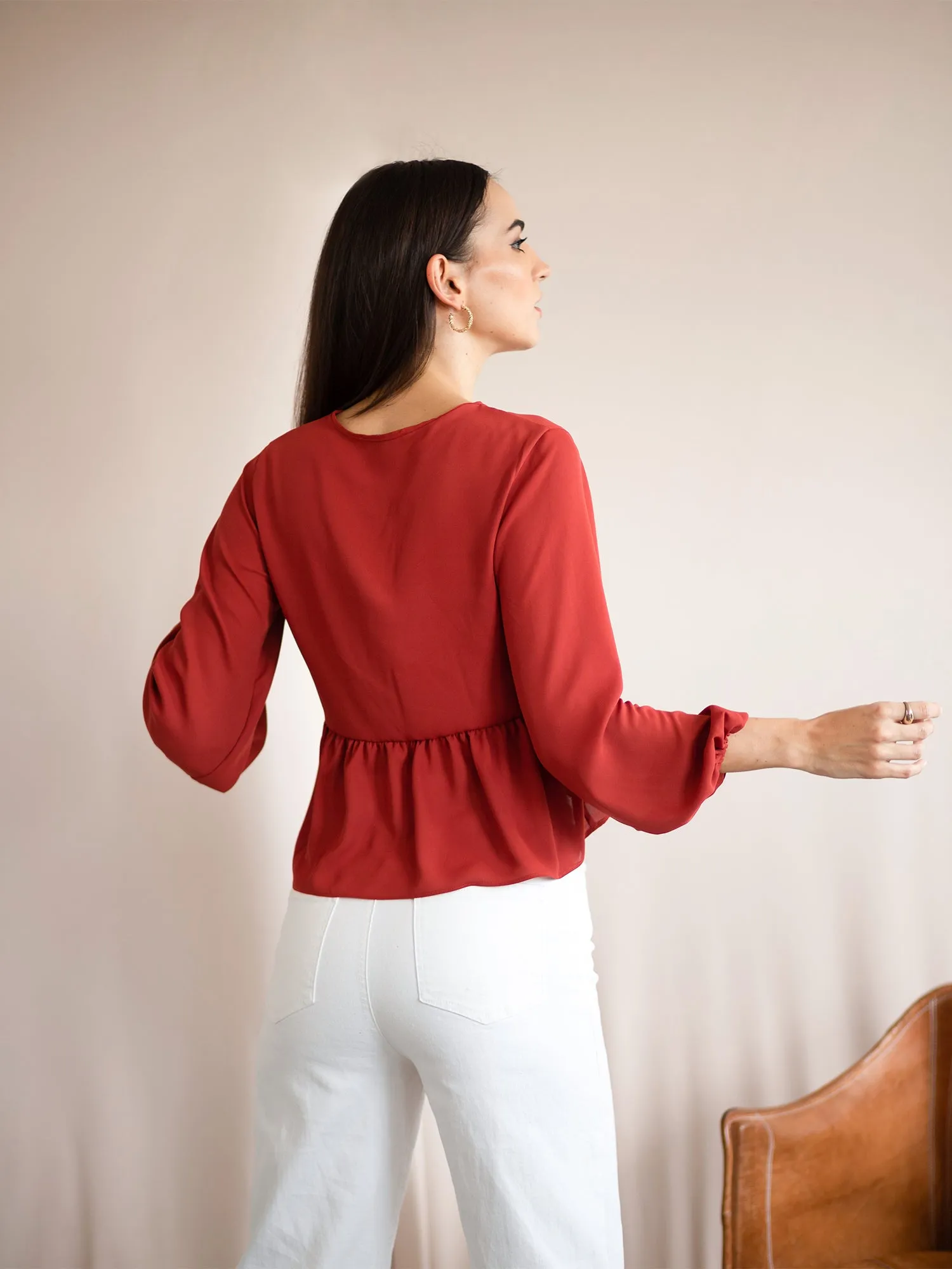 Bustier Detail Front Tie-Up Balloon Sleeve Top