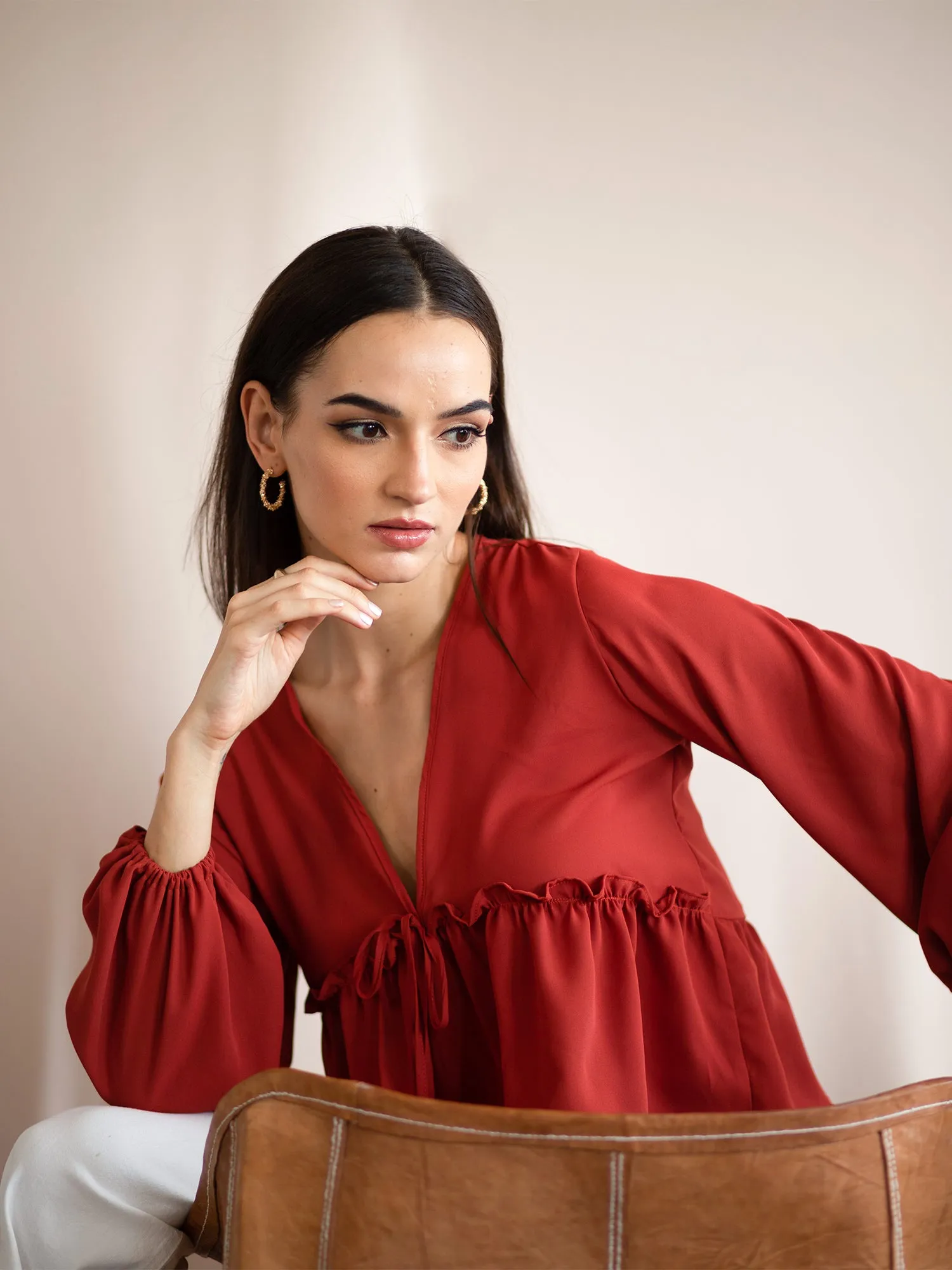 Bustier Detail Front Tie-Up Balloon Sleeve Top