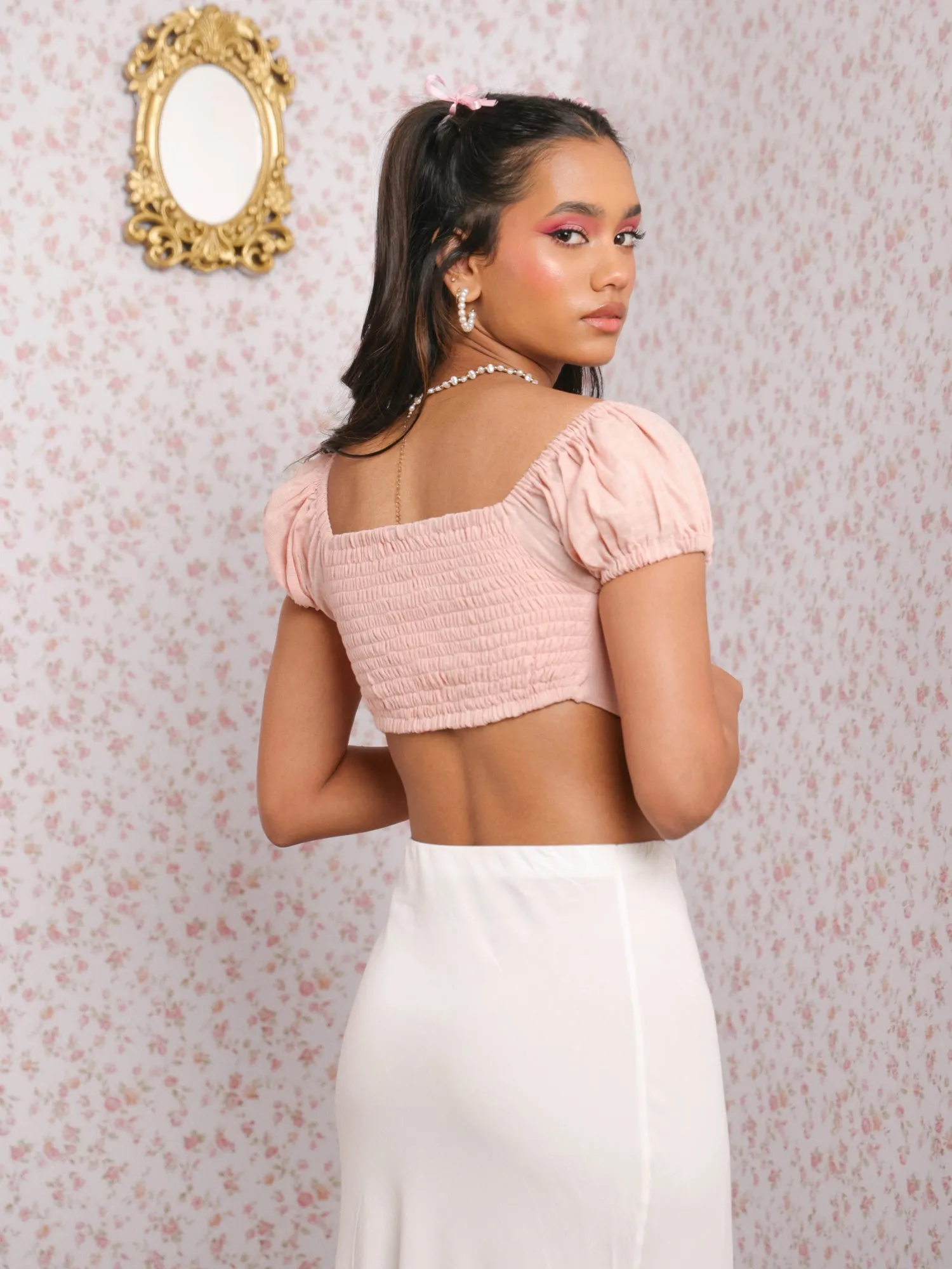 Bustier Detailed Puff Sleeve Crop Top