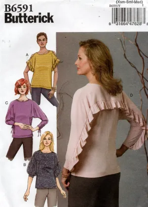 Butterick B6591 Womens EASY Stretch Ruffled Pullover Tops with Sleeve Variations Out Of Print Sewing Pattern Size XS - M UNCUT Factory Folded