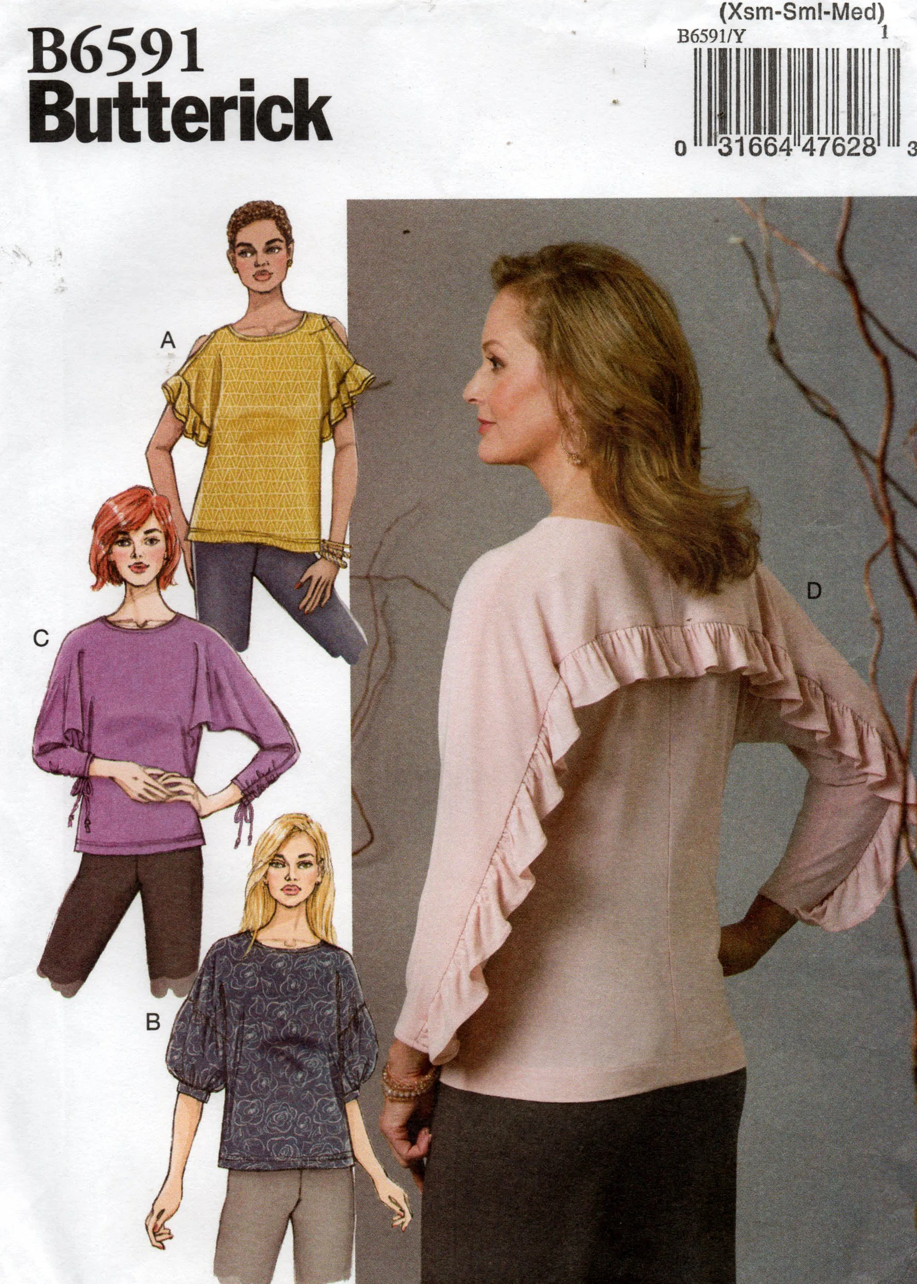 Butterick B6591 Womens EASY Stretch Ruffled Pullover Tops with Sleeve Variations Out Of Print Sewing Pattern Size XS - M UNCUT Factory Folded