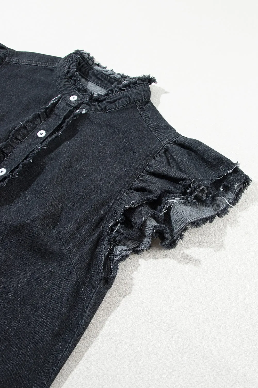 Button Down Raw Hem Ruffled Denim Shirt