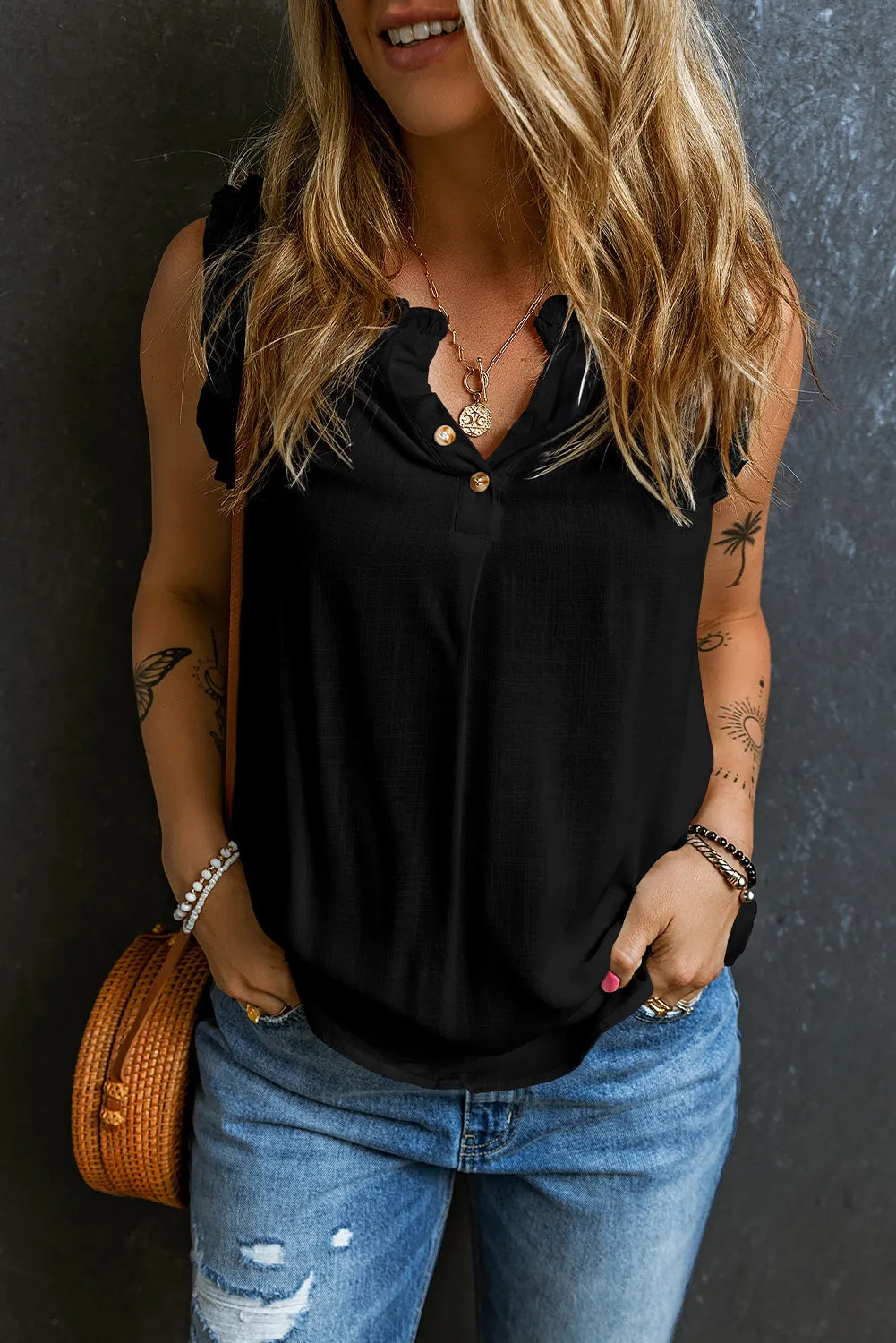 Button Split Neck Ruffled Trim Tank Top