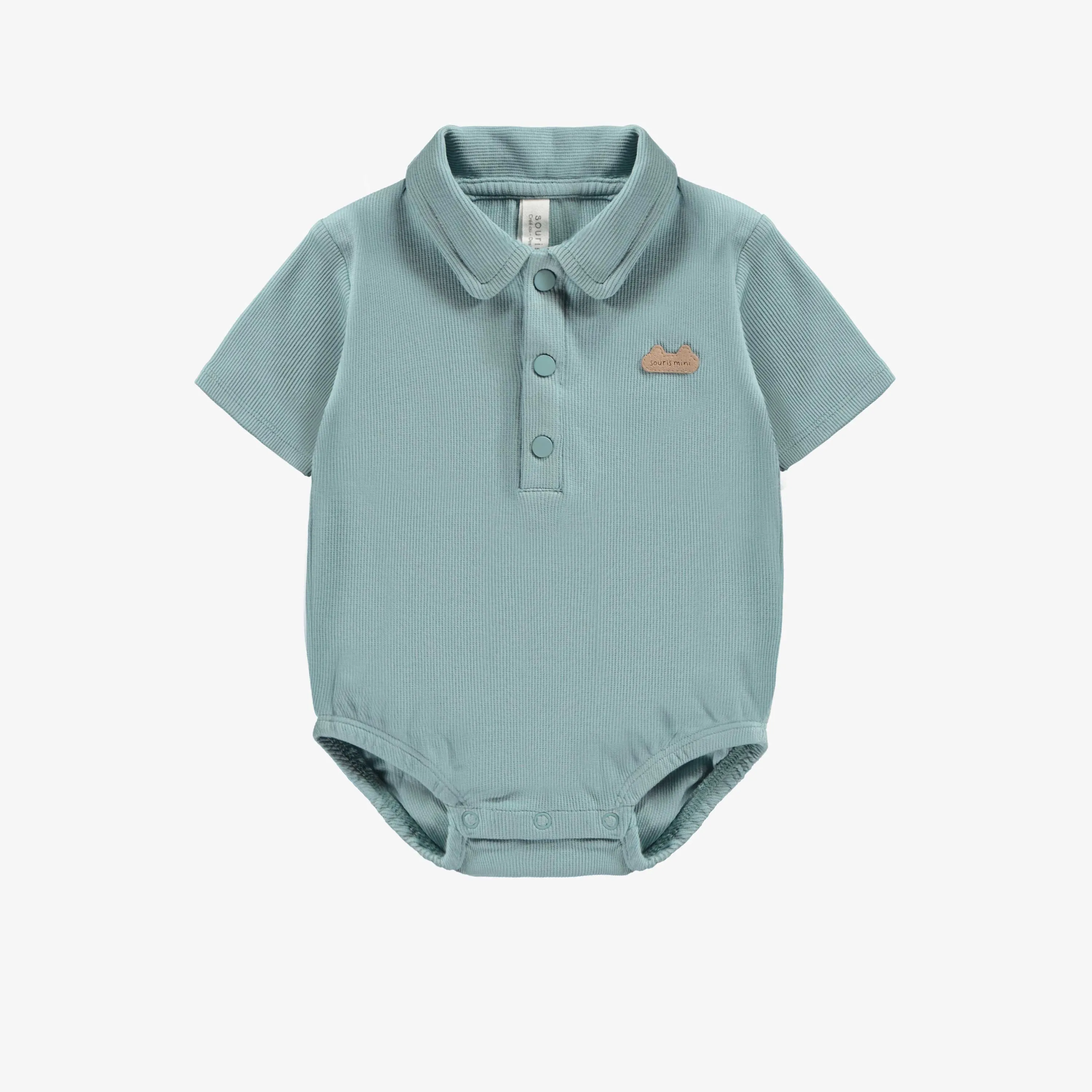 Cache-couche à manches courtes bleu en coton biologique, naissance || Blue bodysuit long sleeves in organic cotton, newborn