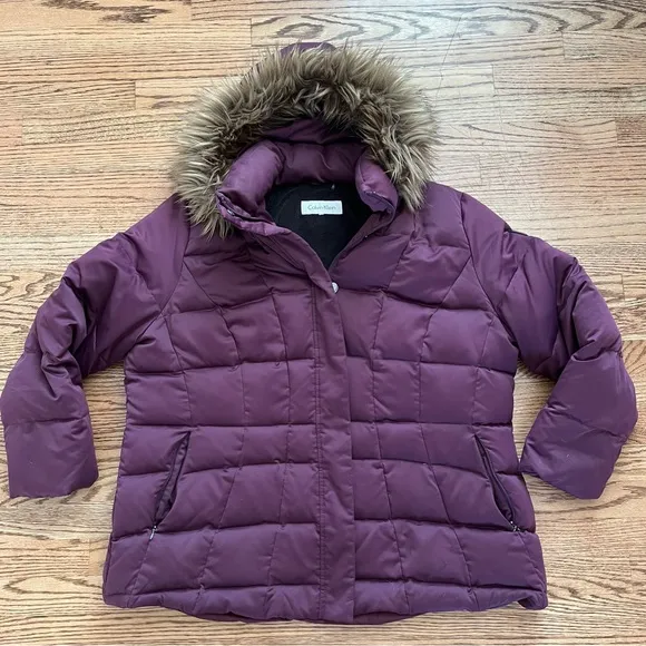 Calvin Klein Parka Womens Puffer COAT Sz 1X 2X PURPLE JACKET WARM detach HOOD