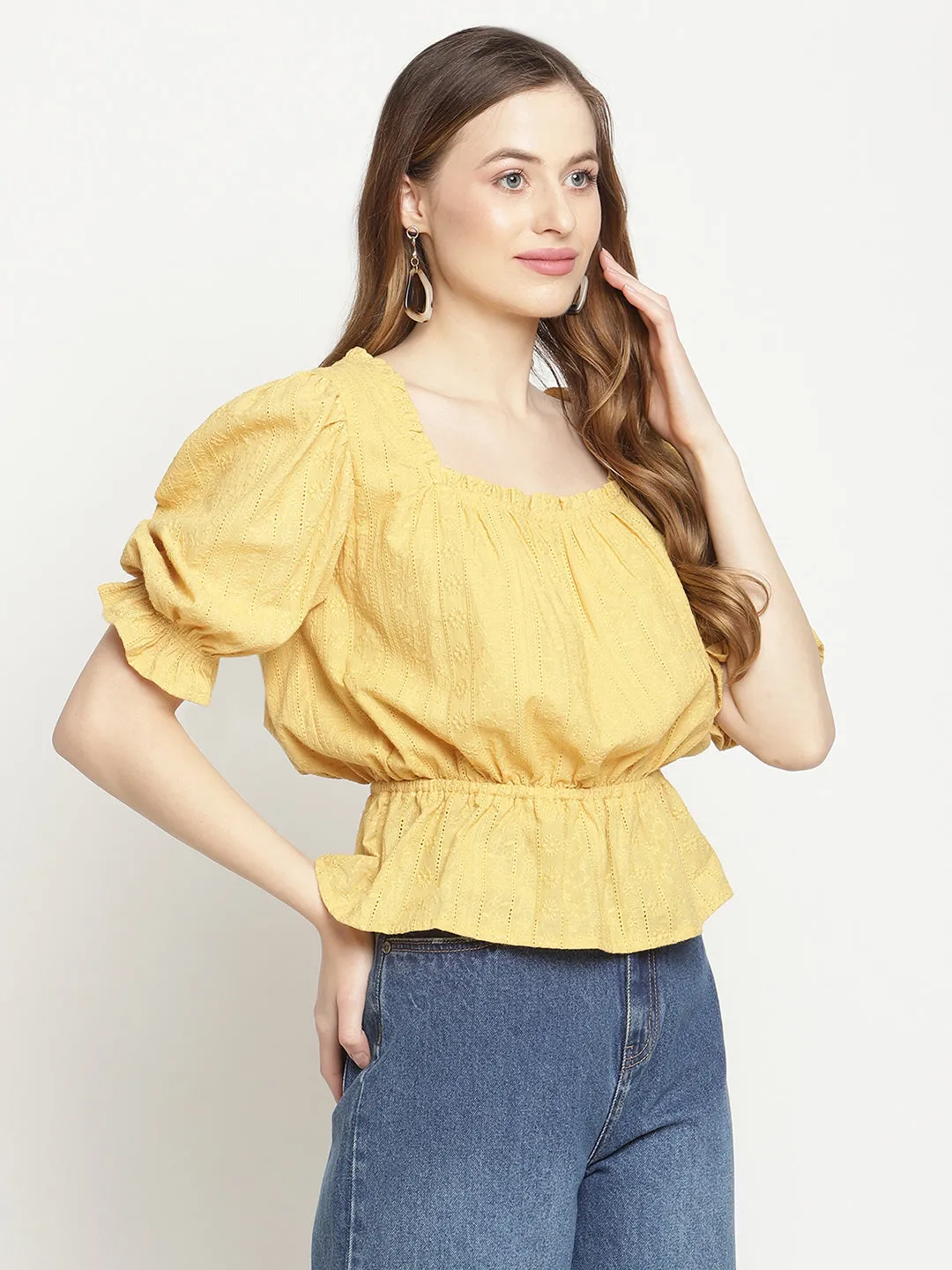 Camla Barcelona Puff Sleeve Mustard Yellow Peplum Top