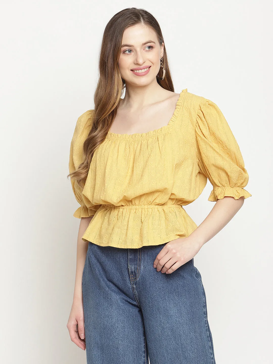 Camla Barcelona Puff Sleeve Mustard Yellow Peplum Top