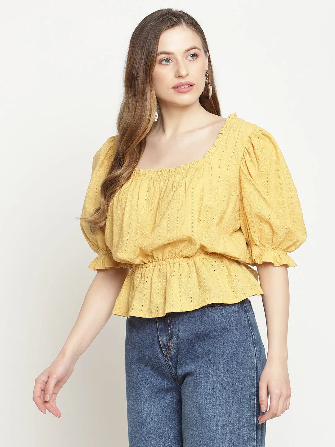 Camla Barcelona Puff Sleeve Mustard Yellow Peplum Top