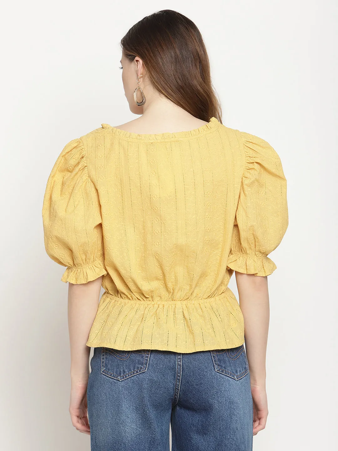 Camla Barcelona Puff Sleeve Mustard Yellow Peplum Top
