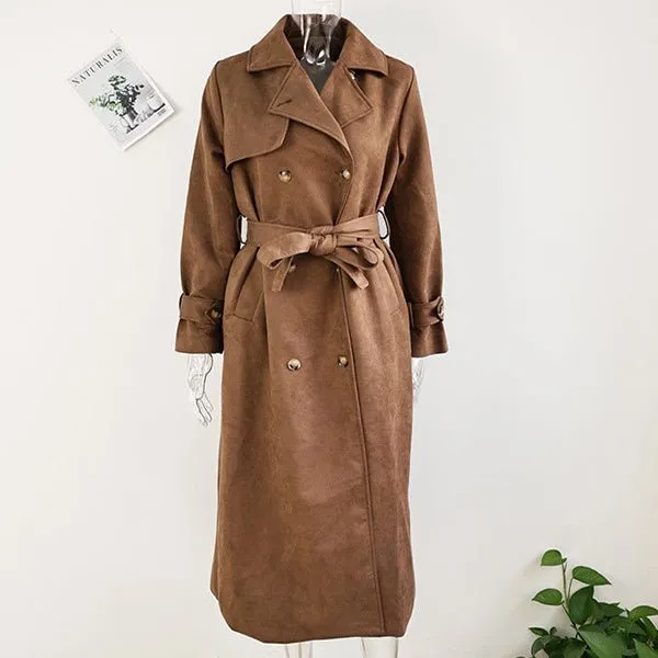 Casey Double Breasted Lapel Shift Suede Coat With Belt