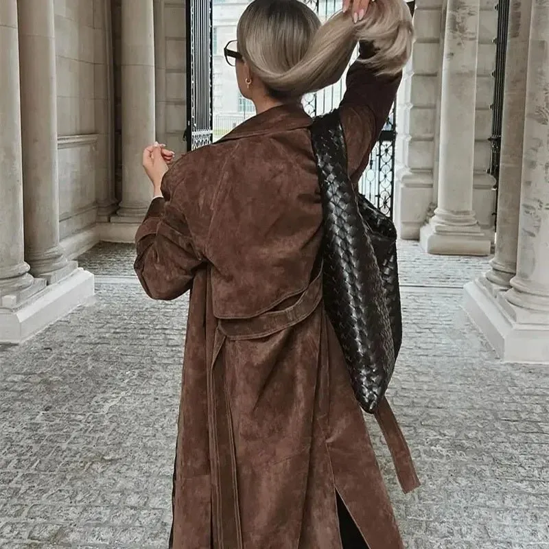 Casey Double Breasted Lapel Shift Suede Coat With Belt