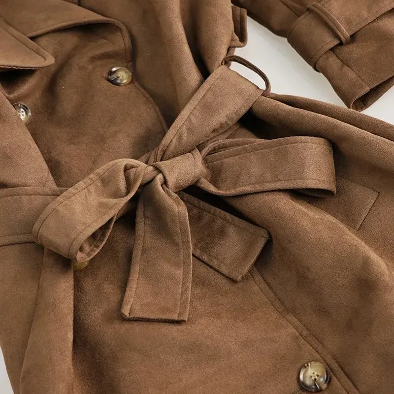 Casey Double Breasted Lapel Shift Suede Coat With Belt