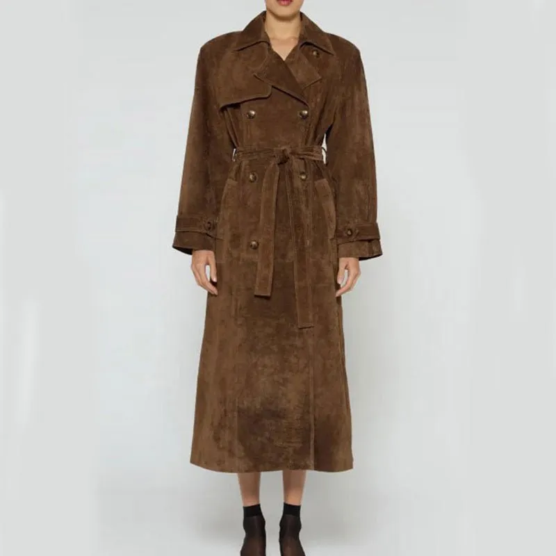 Casey Double Breasted Lapel Shift Suede Coat With Belt