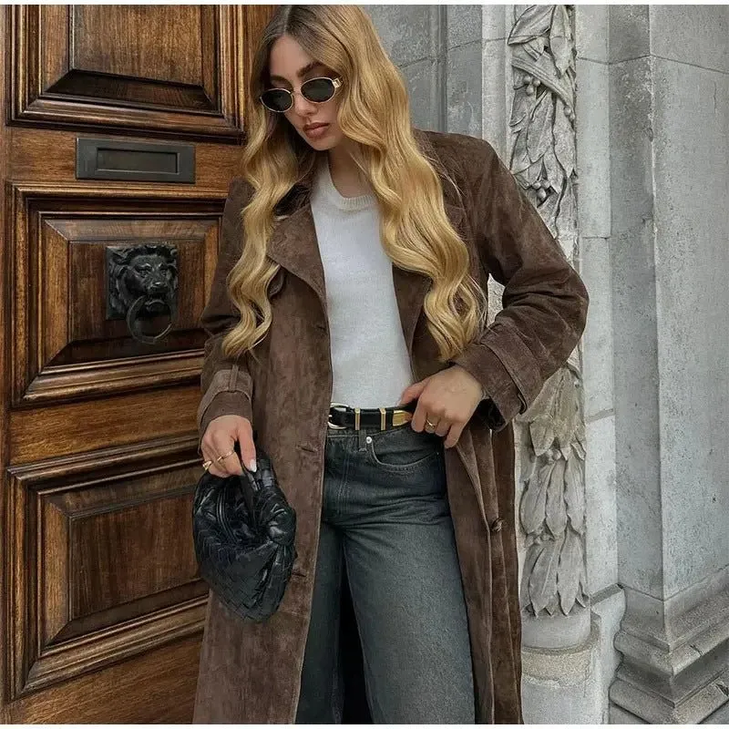 Casey Double Breasted Lapel Shift Suede Coat With Belt