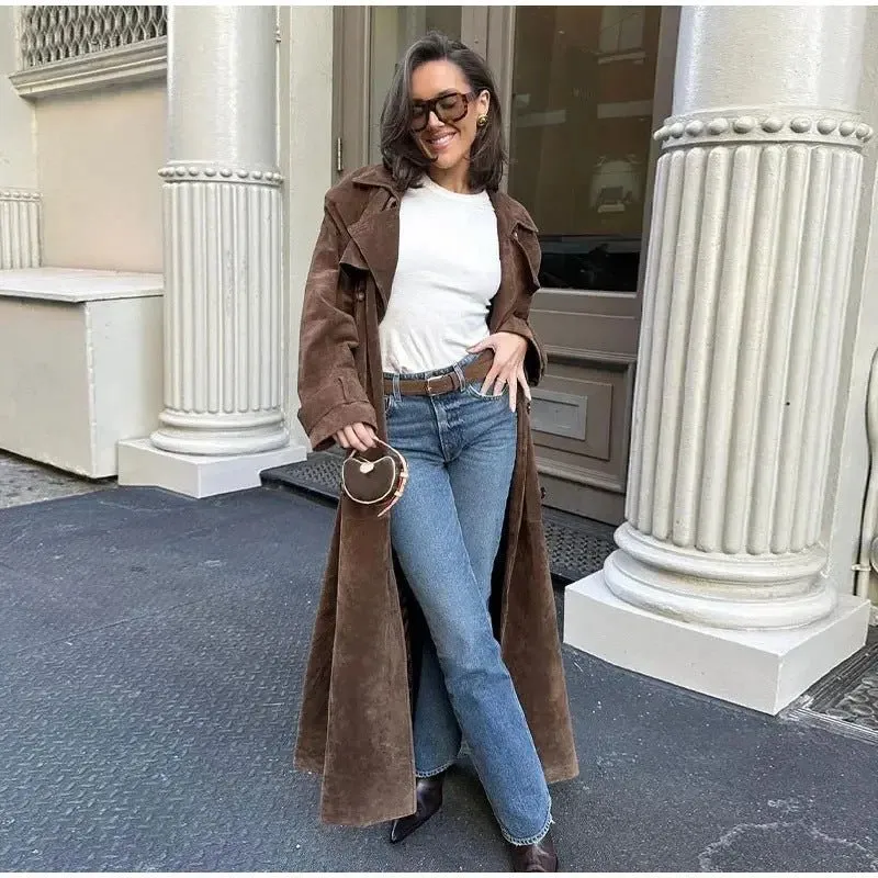 Casey Double Breasted Lapel Shift Suede Coat With Belt