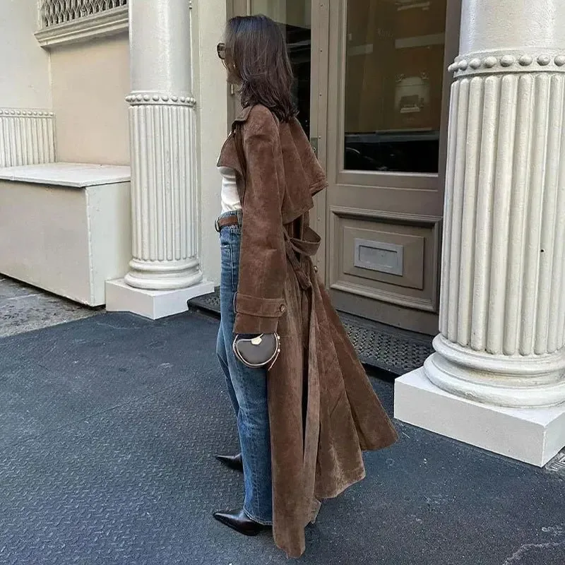 Casey Double Breasted Lapel Shift Suede Coat With Belt