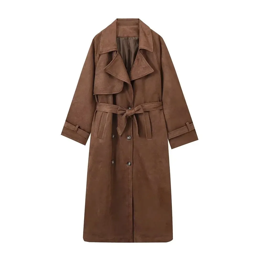 Casey Double Breasted Lapel Shift Suede Coat With Belt