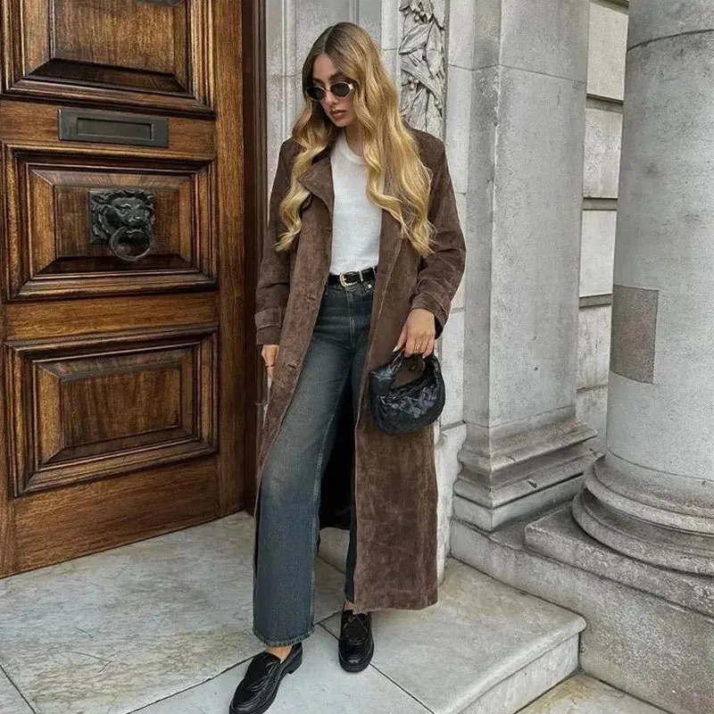 Casey Double Breasted Lapel Shift Suede Coat With Belt