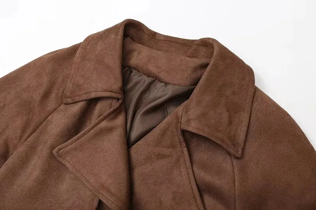 Casey Double Breasted Lapel Shift Suede Coat With Belt