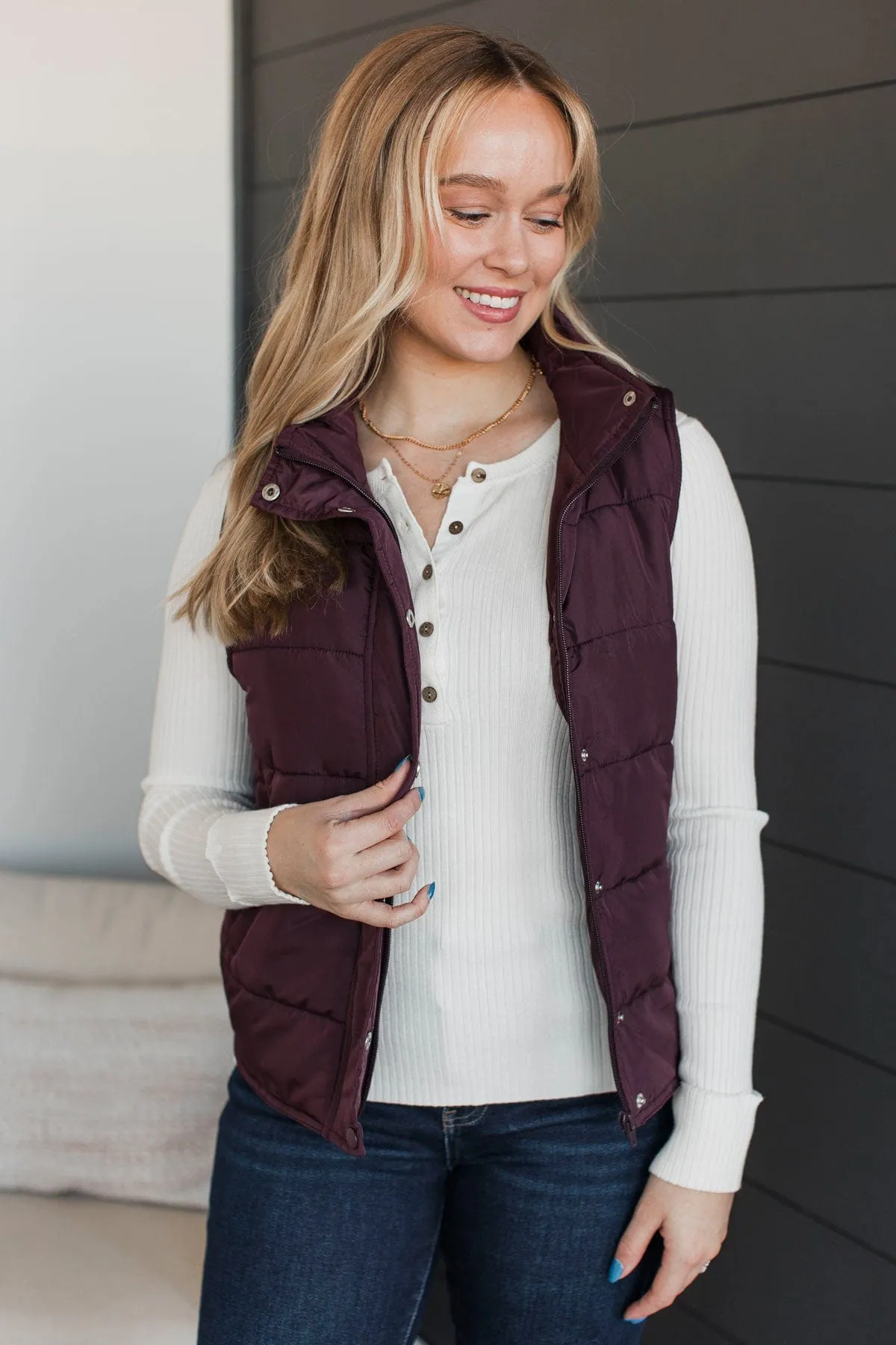 Certainly Adorable Puffer Vest- Plum