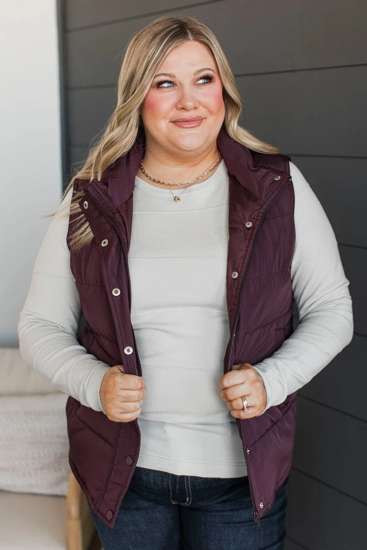 Certainly Adorable Puffer Vest- Plum