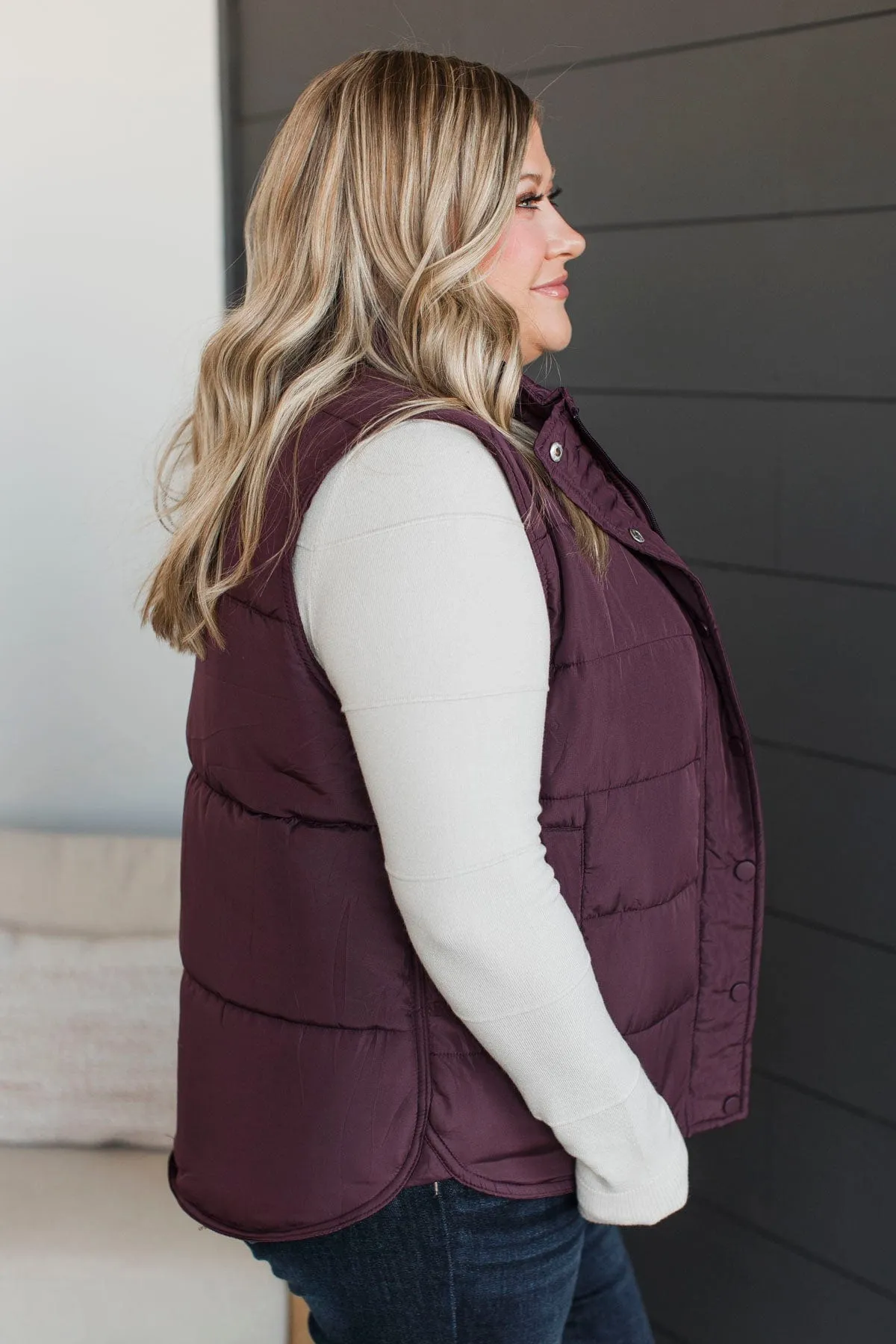 Certainly Adorable Puffer Vest- Plum