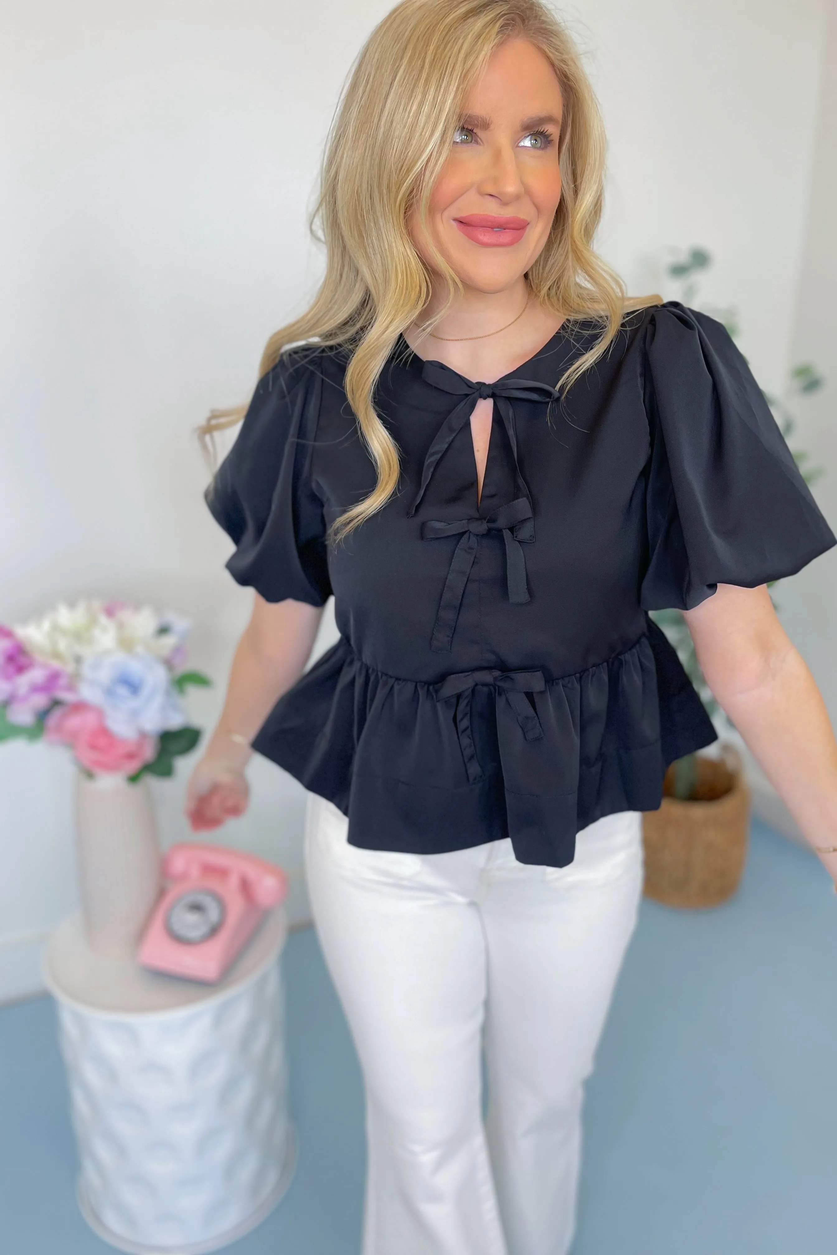 Charlie Short Puff Sleeve Bow Detail Peplum Top *FINAL SALE*