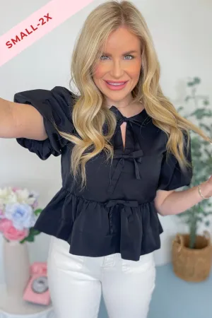 Charlie Short Puff Sleeve Bow Detail Peplum Top *FINAL SALE*
