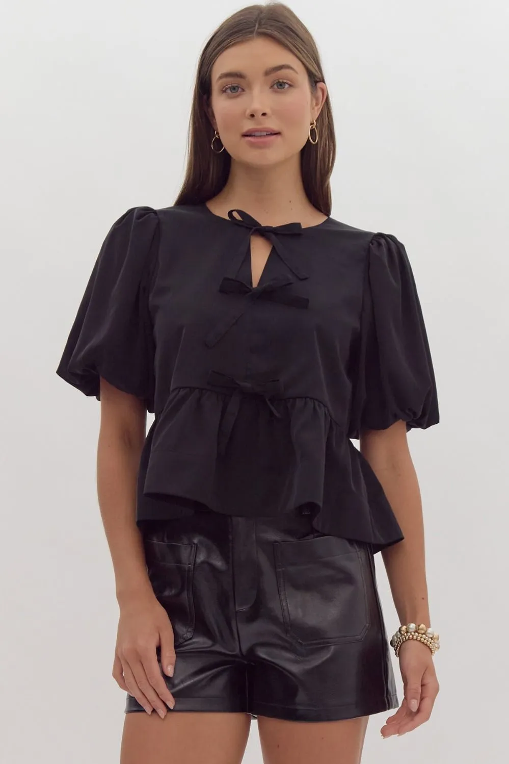 Charlie Short Puff Sleeve Bow Detail Peplum Top *FINAL SALE*