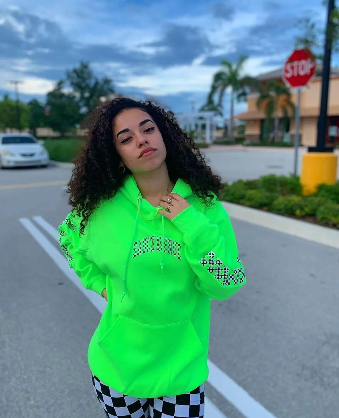 Checkered B&W SA Curve | Slime Green Hoodie (Checkered B&W Drippin Sleeves)