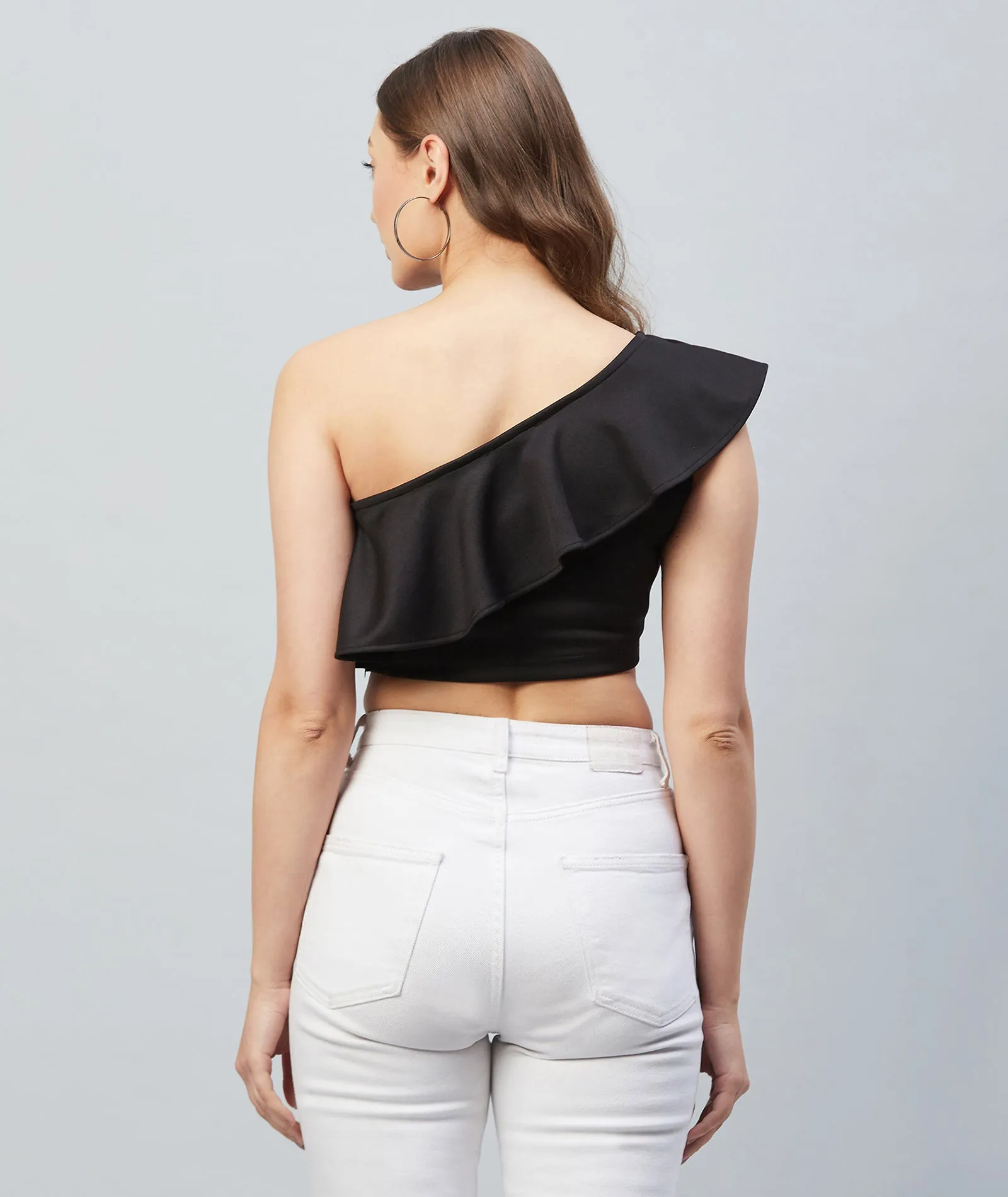 Chimpaaanzee Women Black Solid One Shoulder Crop Top