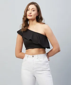 Chimpaaanzee Women Black Solid One Shoulder Crop Top